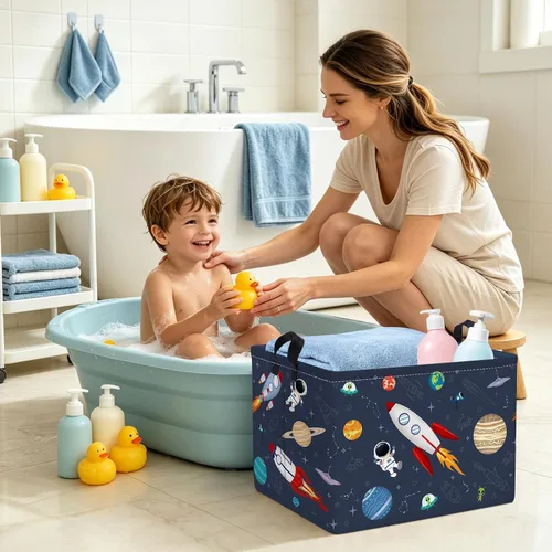 Vista 6 de Clastyle Rocket Astronauta - Cesta rectangular para niños, planeta cósmico, universo, azul, cubo de almacenamiento de juguetes, 36L