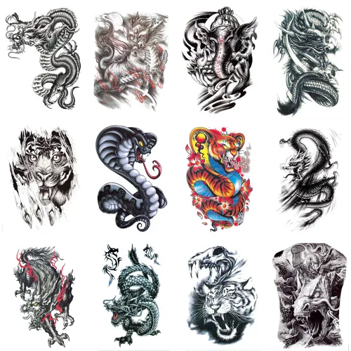Vista 4 de 12 hojas de tatuajes falsos en el pecho, brazo, hombro, tatuajes, arte corporal, mangas de 5.9 x 8.3 pulgadas, tatuajes temporales impermeables