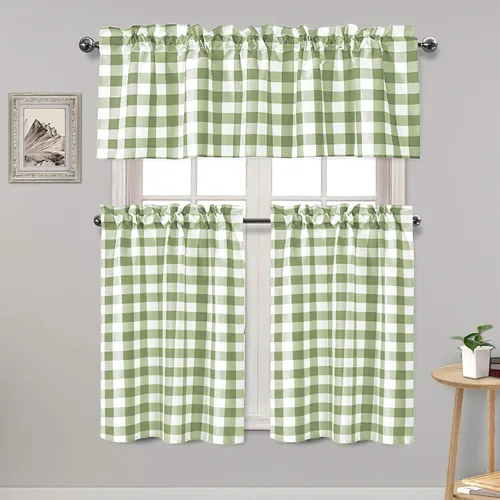Vista 15 de Hiasan - Juego de cortinas semitraslúcidas a cuadros con cenefa y paneles de cocina, filtro de luz Buffalo a cuadros, color aguamarina y blanco