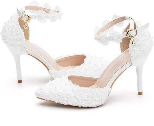 Vista 3 de Sandalias de tacón alto para mujer, con punta cerrada, con encaje floral, correa de perlas de aguja, zapatos de novia, boda, fiesta, 3.74 pulgadas