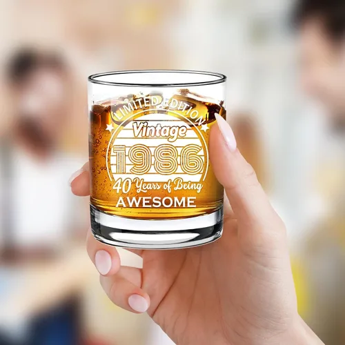 Vista 3 de Gafas antiguas de 1986 – Vintage 1986 Información de la antigüedad 10.25oz Whisky Rocks Glass – 40 cumpleaños envejecido a la perfección – regalos