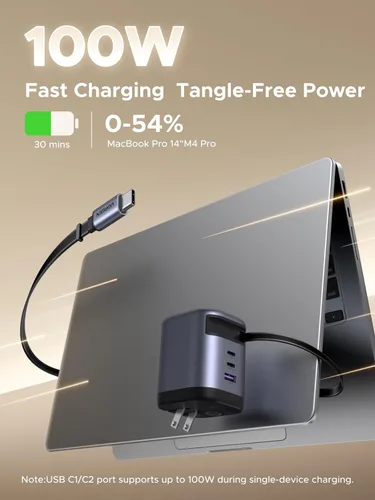 Vista 3 de UGREEN Nexode - Cargador retráctil USB C de 100 W GaN con cable integrado, adaptador de pared de carga rápida de 3 puertos para laptop, MacBook