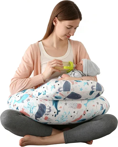 Vista 10 de Almohada de lactancia para lactancia materna, almohadas ergonómicas de alimentación para bebés con funda de algodón extraíble lavable, correa