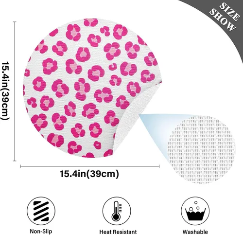Vista 4 de Cute Pink Leopard White Round Place Mats, Heat Resistant Non Slip PVC Placemats Round for Kitchen one sizex1