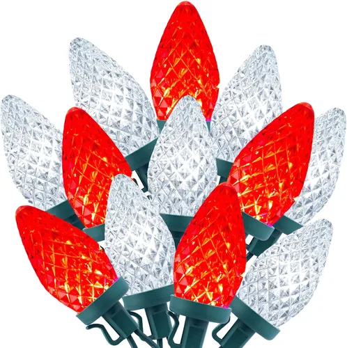 Vista 9 de Cadena de luces LED C9 de Navidad, 66 pies con 100 luces LED impermeables en forma de fresa, cadena de luces con enchufe extensible de cable verde