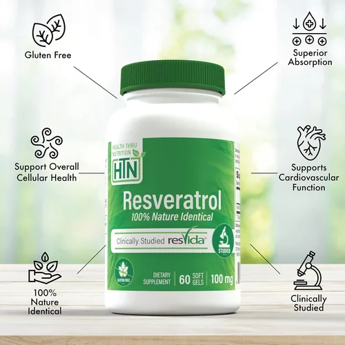 Vista 2 de Health Thru Nutrition Resveratrol como ResVida 100mg Trans-Resveratrol Apoya el envejecimiento saludable, la producción de energía celular