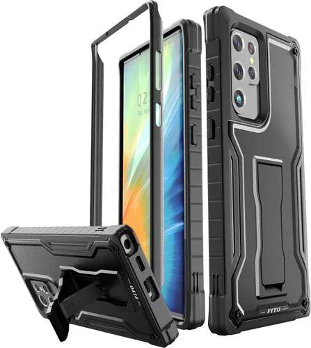 Vista 11 de FITO Funda para Samsung Galaxy S22, doble capa a prueba de golpes resistente para teléfono Samsung S22 5G con protector de pantalla, soporte Negro