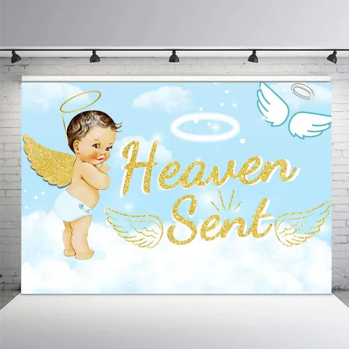 Vista 3 de Bonito telón de fondo para fiesta de baby shower, de 7 x 5 pies, cielo azul claro, nube blanca, ángel dorado, decoración de alas doradas, regalo