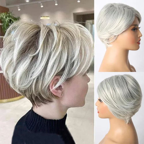Vista 2 de Aisaide Peluca Corta de Corte Pixie Gris Platino con Flequillo de Cortina Bob para Mujeres - Peluca Sintética con Raya Lateral Despeinada