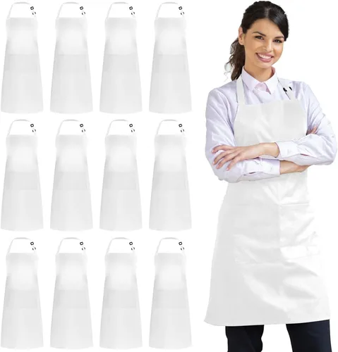 Vista 9 de Syntus Paquete de 12 delantales con peto, delantales unisex, ajustables, 100% algodón con 2 bolsillos, delantales de cocina para mujeres y hombres