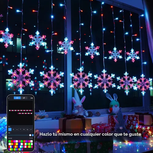 Vista 3 de Luces de Navidad inteligentes de copo de nieve, 156 luces LED de 12 gotas de 3.5 m, enchufe, control remoto por aplicación con 16 millones