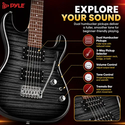 Vista 5 de Pyle Kit de guitarra eléctrica con amplificador, instrumento de tamaño completo con pastillas Humbucker, amplificador de guitarra eléctrica y Negro