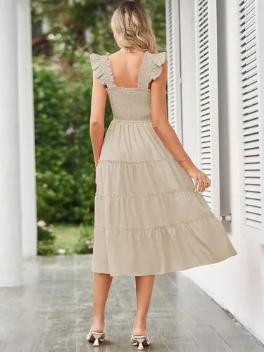 Vista 3 de Vestido midi para mujer, cuello cuadrado, volantes, sin mangas, escalonado, casual