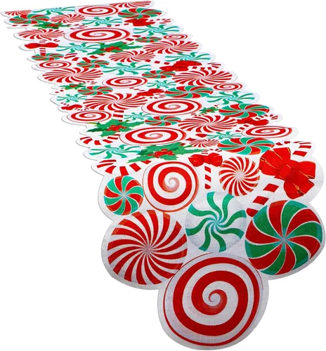 Vista 6 de Kingdder Camino de mesa de Navidad con bastón de caramelo, menta, rojo, blanco, verde, piruleta, moño, mantel de mesa, decoración de fiesta