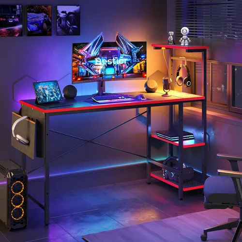 Vista 15 de Bestier - Escritorio de juegos con luces LED, escritorio para PC de 44 pulgadas para espacios pequeños, escritorio de computadora con estantes