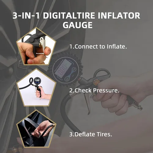 Vista 6 de Medidor de presión de neumáticos con inflador, portabrocas de aire de 250 PSI y accesorio de compresor, resistente, con conector rápido, resolución