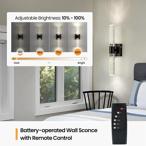 Vista 4 de Juego de 2 apliques de pared inalámbricos que funcionan con pilas, juego de 2 apliques de pared negros recargables con control remoto, lámpara LED
