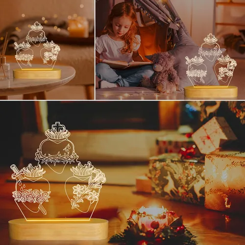 Vista 4 de Anywin Tres corazones sagrados, regalos católicos para mujeres/hombres, corazones de Jesús, luz nocturna, regalos de fe para Navidad, devocional