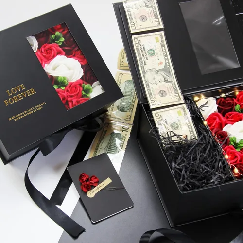 Vista 5 de Caja de dinero para regalo en efectivo - Caja de regalo de flores de lujo con tirador de dinero y tapa con flor y lazo, caja de regalo única