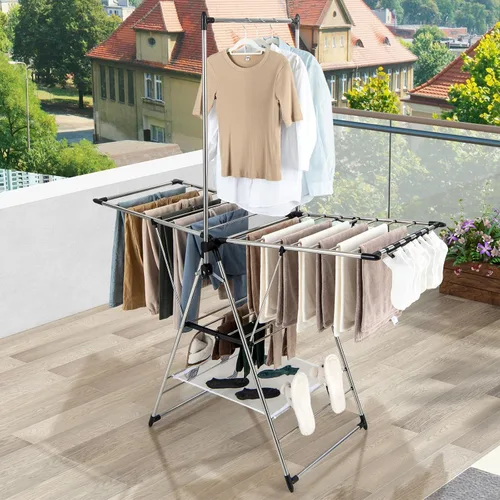 Vista 8 de Giantex Estante de secado de ropa, estante de secado de ropa plegable con altura ajustable de 6 niveles, diseño de colgador alto, clips laterales