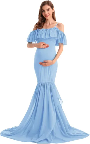 Vista 13 de MYRISAM Vestido de maternidad con volantes y hombros descubiertos para mujer, vestido de fiesta de sirena de gasa, vestido ajustado