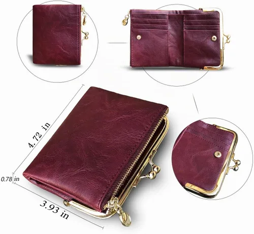 Vista 6 de AOXONEL Cartera para mujer, pequeña, Rfid, compacta, plegable, de piel, vintage, con cremallera y cierre de beso Púrpura