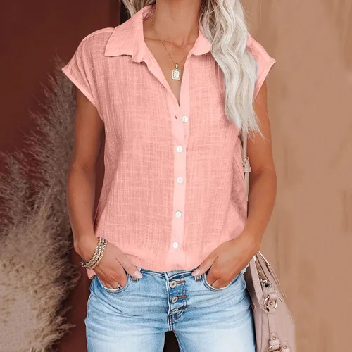 Vista 38 de Ceboyel Camisas para mujer de moda de verano, algodón, lino, manga corta, cuello con botones, blusa casual para mujer 2023