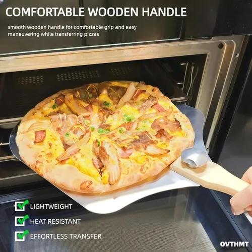 Vista 2 de Pala de Pizza de 12 Pulgadas, Pala de Pizza de Aluminio de 12 x 14 Pulgadas con Mango de Madera Plegable, Pala Giratoria para Pizza, Espátula
