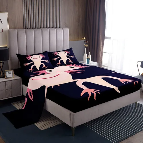Vista 19 de Erosebridal Axolotl - Juego de ropa de cama tamaño individual, sábanas de ajolote de dibujos animados para mascotas, juego de sábanas