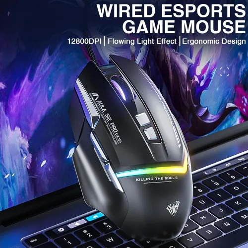 Vista 2 de AULA S12Pro - Mouse para juegos con cable blanco, 12800 DPI óptico gamer con retroiluminación RGB, 8 botones programables, software compatible