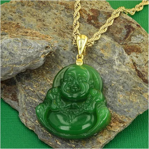 Vista 3 de Collar con colgante de Buda sonriente de jade verde, cadena de cuerda de jade auténtico certificado de grado A hecho a mano, collar de jade de jade