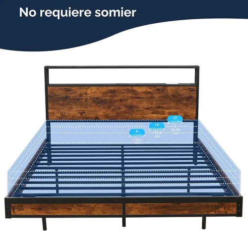 Vista 8 de BedsPick Marco de cama tamaño completo con cabecero de almacenamiento de 2 niveles, marco de cama de plataforma de metal resistente con estación