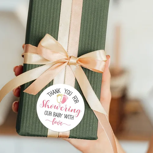 Vista 7 de Calcomanías rosadas para baby shower, gracias por duchar a nuestro bebé con amor, recuerdos de baby shower para niñas, 2 pulgadas, paquete de 50