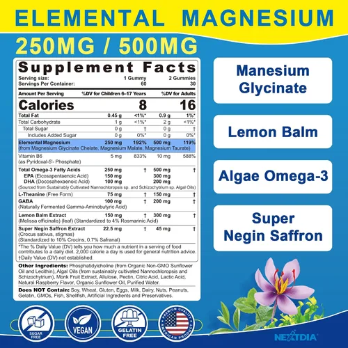 Vista 2 de Calm Focus Gomitas de glicinato de magnesio, con omega-3 + azafrán para niños de 6 años y adultos, triple complejo de magnesio de 500 mg/250 mg