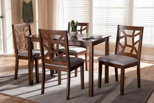 Vista 3 de Baxton Studio Abilene - Juego de comedor de 5 piezas con acabado de nogal y tapizado de tela gris