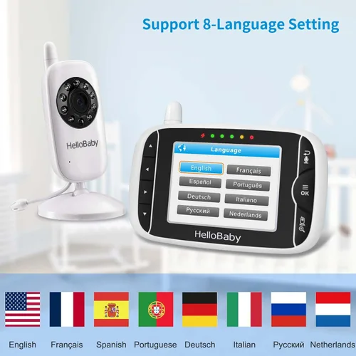 Vista 9 de HelloBaby Monitor de video para bebés con cámara y audio, pantalla LCD de 3.2 pulgadas, visión nocturna infrarroja, audio bidireccional y monitoreo