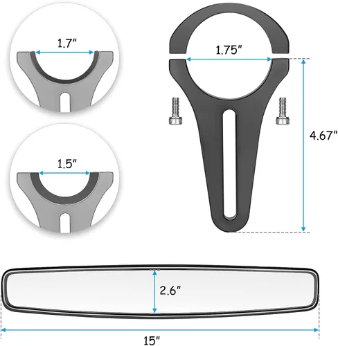 Vista 4 de Dasen Espejo Retrovisor Ancho - Espejo Retrovisor Convexo de 15" con Kit de Abrazadera Ajustable de 1.75" Junta de Goma Rollo de 1.5 Pulgadas Barra