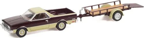 Vista 2 de 1984 Chevy El Camino Conquista Granate Metálico y Beige con enganche de remolque utilitario y remolque Serie 24 1/64 Modelo de automóvil fundido a