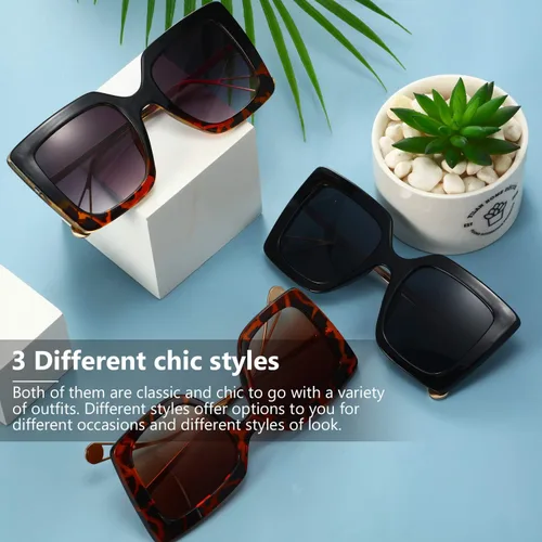 Vista 7 de 3 pares de gafas de sol cuadradas de gran tamaño con patrón de leopardo retro con gamuza de cristal para mujer