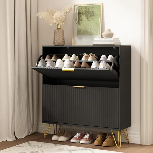 Vista 8 de Cómoda para zapatos con 2 cajones abatibles, cómodas de almacenamiento para zapatos estilizadas en negro, armario oculto para zapatos para entrada