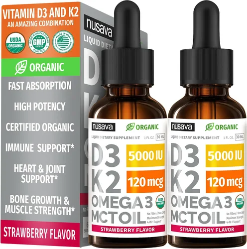 Vista 15 de Paquete de 2 gotas orgánicas de vitamina D3 K2 con aceite MCT y Omega 3 - Vitamina líquida D3 5000 UI - Suplemento de vitamina K2 D3 - Gotas