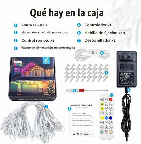 Vista 9 de Luces inteligentes permanentes para exteriores de 148 pies, control de aplicación WiFi, 54 LED IP67, impermeable, iluminación de alero que cambia
