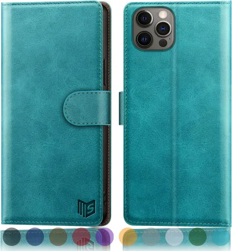 Vista 9 de SUANPOT Funda de piel tipo cartera para iPhone 12 Pro Max con bloqueo RFID, tarjetero de crédito, libro de folio magnético de PU para Apple 12 Negro
