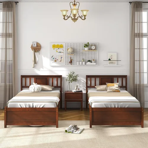 Vista 7 de Giantex Marco de cama individual con cabecero, cama de plataforma de madera maciza de mediados de siglo, cama de panel individual con soporte
