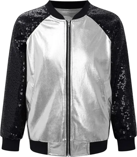 Vista 5 de TiaoBug Disfraz de baile de jazz hip hop para niños y niñas, brillante, metálico, manga larga, chaqueta bomber y pantalones deportivos