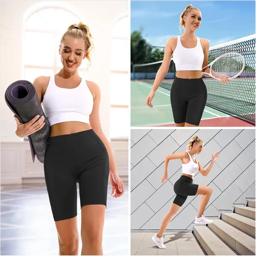 Vista 5 de APEXUP Pantalones cortos de entrenamiento, pantalones cortos de ciclismo de 8 pulgadas para mujer, cintura alta, pantalones cortos de yoga