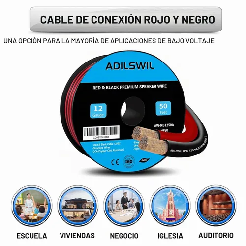 Vista 6 de Cable de altavoz de 12 AWG de 50 pies, 2 conductores eléctricos de conexión de cable rojo negro, tiras de iluminación LED, cable de extensión