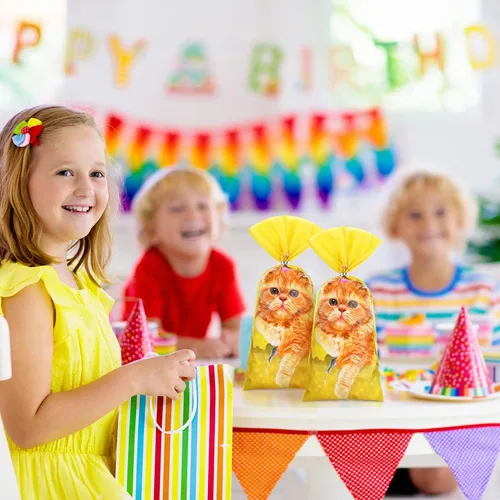 Vista 4 de Hotop 100 bolsas de celofán con 150 corbatas, suministros de decoración de cumpleaños con temática de gatito, suministros para niños, hogar, aula