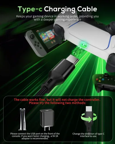 Vista 5 de MENEEA Cable de carga de 16.4 pies para PS5PS5 ProXbox Series XS Controllerpara Switch Pro, cable de carga USB de repuesto, nailon trenzado tipo C