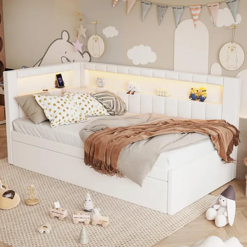 Vista 3 de Cama de plataforma tapizada de tamaño individual con puertos USB y luces LED, sofá cama con nido y cabecera en forma de L, cama esquinera suave